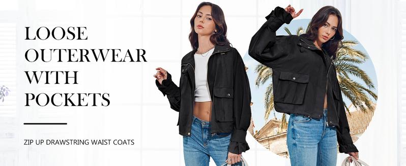 Danedvi Womens Cropped Bomber Jacket Long Sleeve Zip Up Casual Coats Loose Fit Outerwear with Pockets