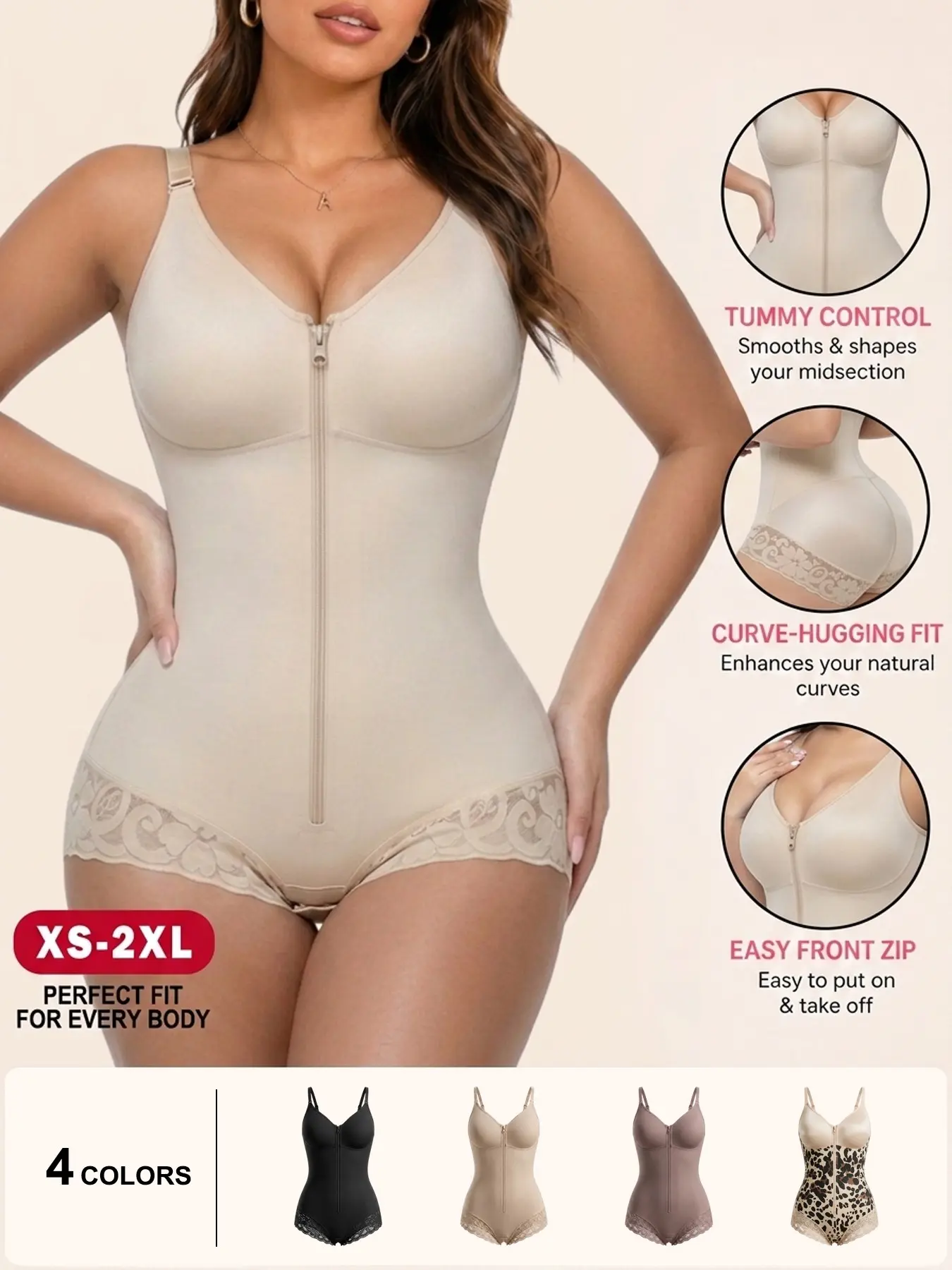 Women's Front Zip Shapewear Bodysuit, Leopard Print Seamless Body Shaper with Lace Trim, Comfortable Curve Enhancing Bodysuit for Daily Wear