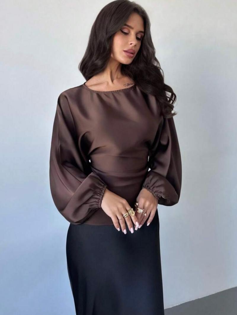 Elegant Satin Lantern Sleeve Top Blouse, Back Tie Waist Design, Round Neck, Perfect for Commuting and Dates, High-End Style