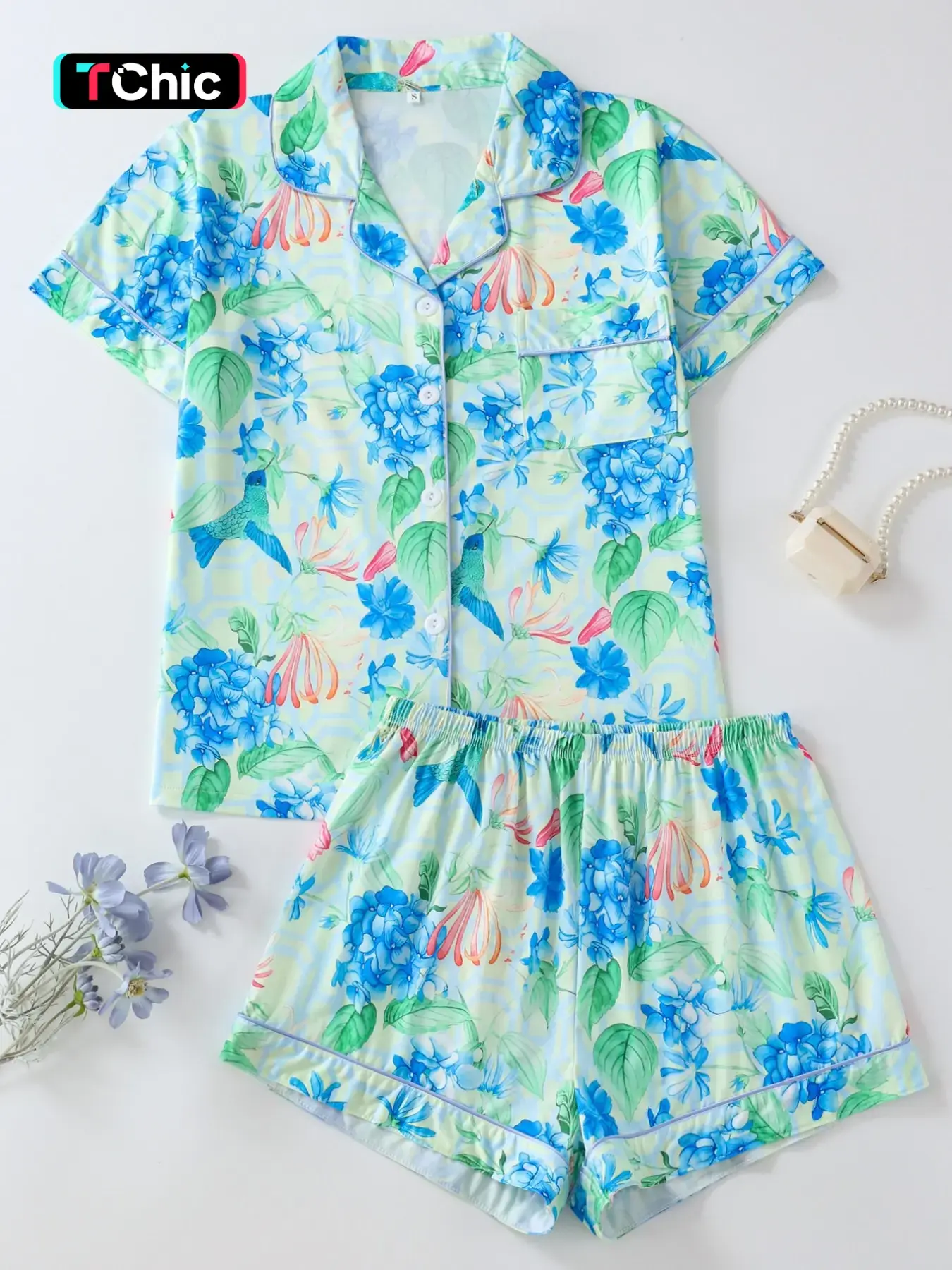 Women's 2-Piece Pajama Set, Blue Floral Hummingbird Full Print, Collared Button Short Sleeve Top, Loose Comfortable Shorts, Sweet Sleepwear Loungewear, Summer Pyjama Set