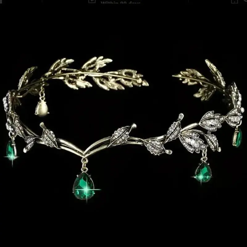 Vintage bronze green jade fairy crown crystal leaf elf headpiece hairband women's costume hair jewelry