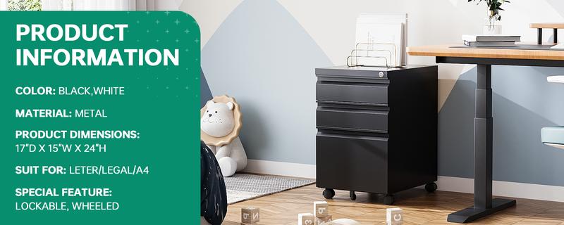 Letaya 3 Drawer Mobile File Cabinet with Lock Under Desk Metal Filing Cabinets for Home Office Organizer Letters Legal A4 Black Storage