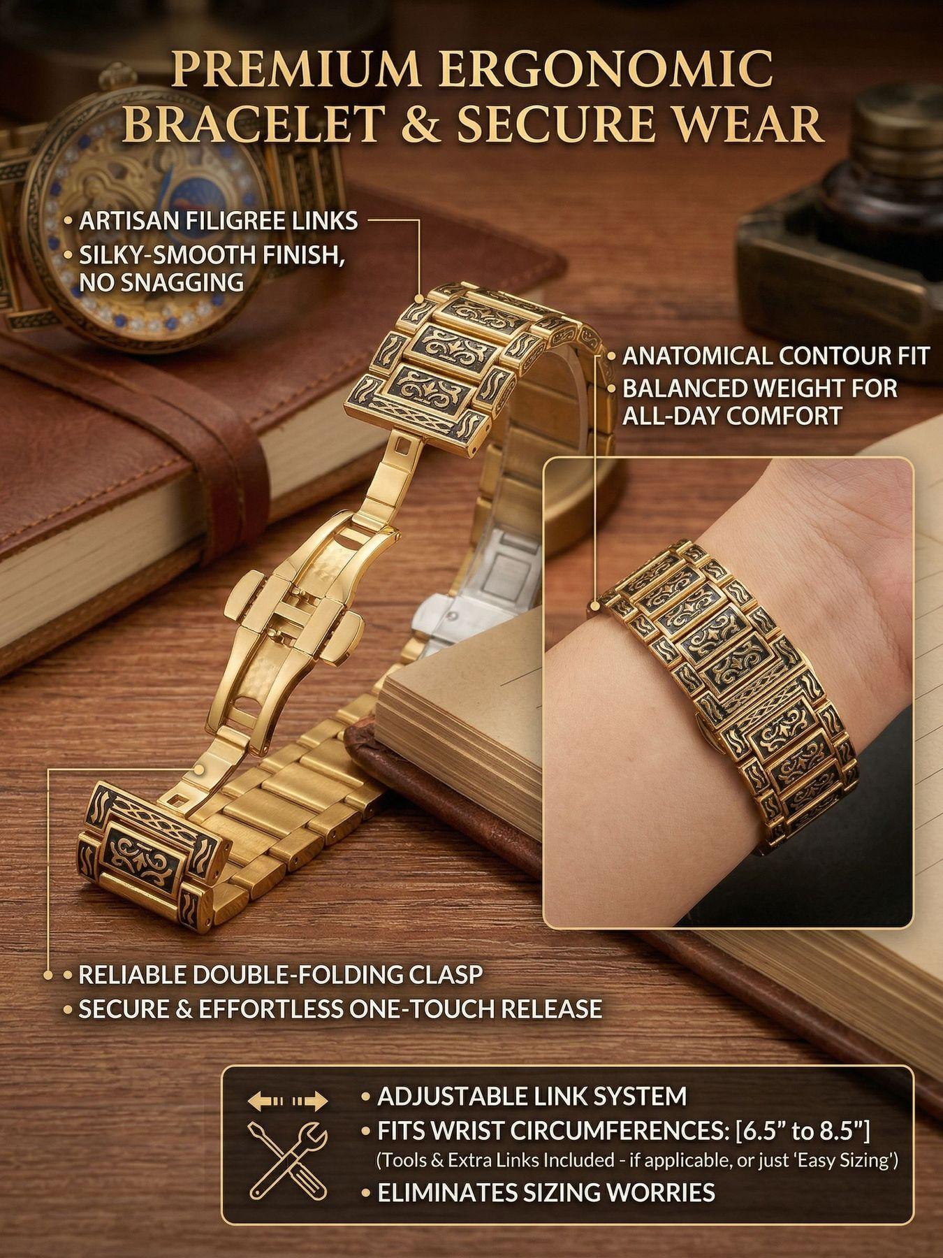 A men's luxurious gold openwork vintage engraved moon-phase large dial trend-forward and fashionable fully automatic mechanical wristwatch