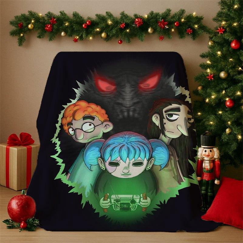 Sally Face Horror Game Trio Characters Flannel Throw Blanket - Demon Red Eyes Print, Dark Spooky Green Rip Edge, Halloween Aesthetic, Multi-Size, Fading Resistance, All-Season Soft, Sofa Bed Use, Gift For Game Fans