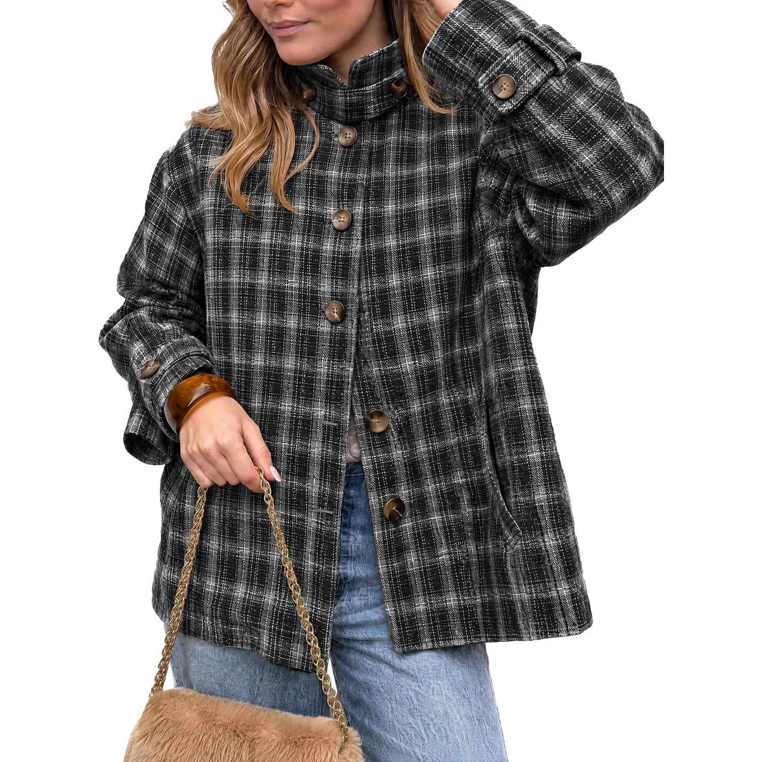 Tankaneo Womens Plaid Barn Jackets Button Down Vintage Flannel Outerwear, Business Casual, Office Clothes, Travel Outfits, Houndstooth, Stand Collar, Spring Fall, Casual, Trendy