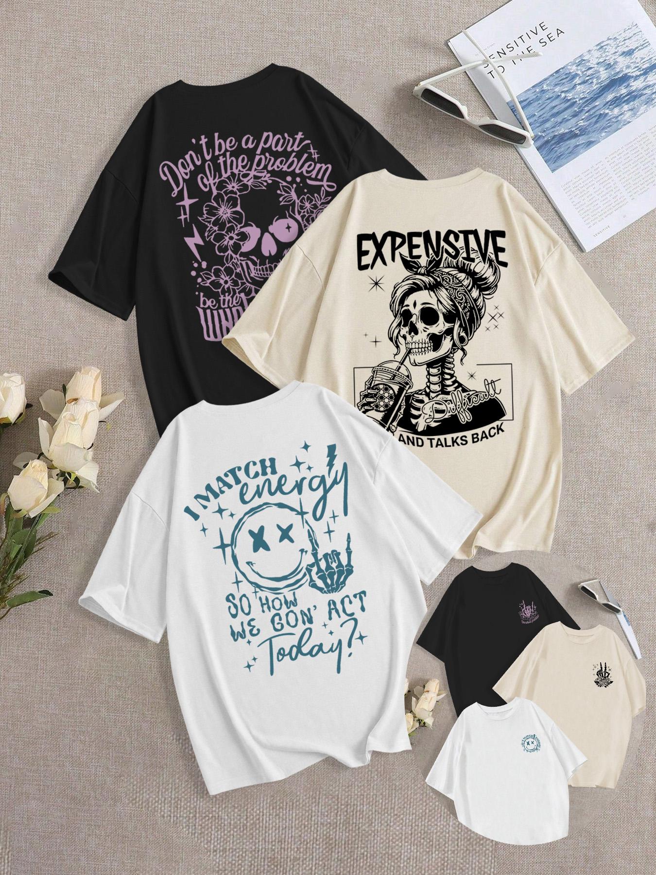 Breathable Soft Casual Streetwear Loose-Fit Round Neck Skull Girl Print Knit T-Shirt Set, Summer Fashion Comfortable Versatile Everyday Graphic Top, Pack of 3, Casual Everyday Tops