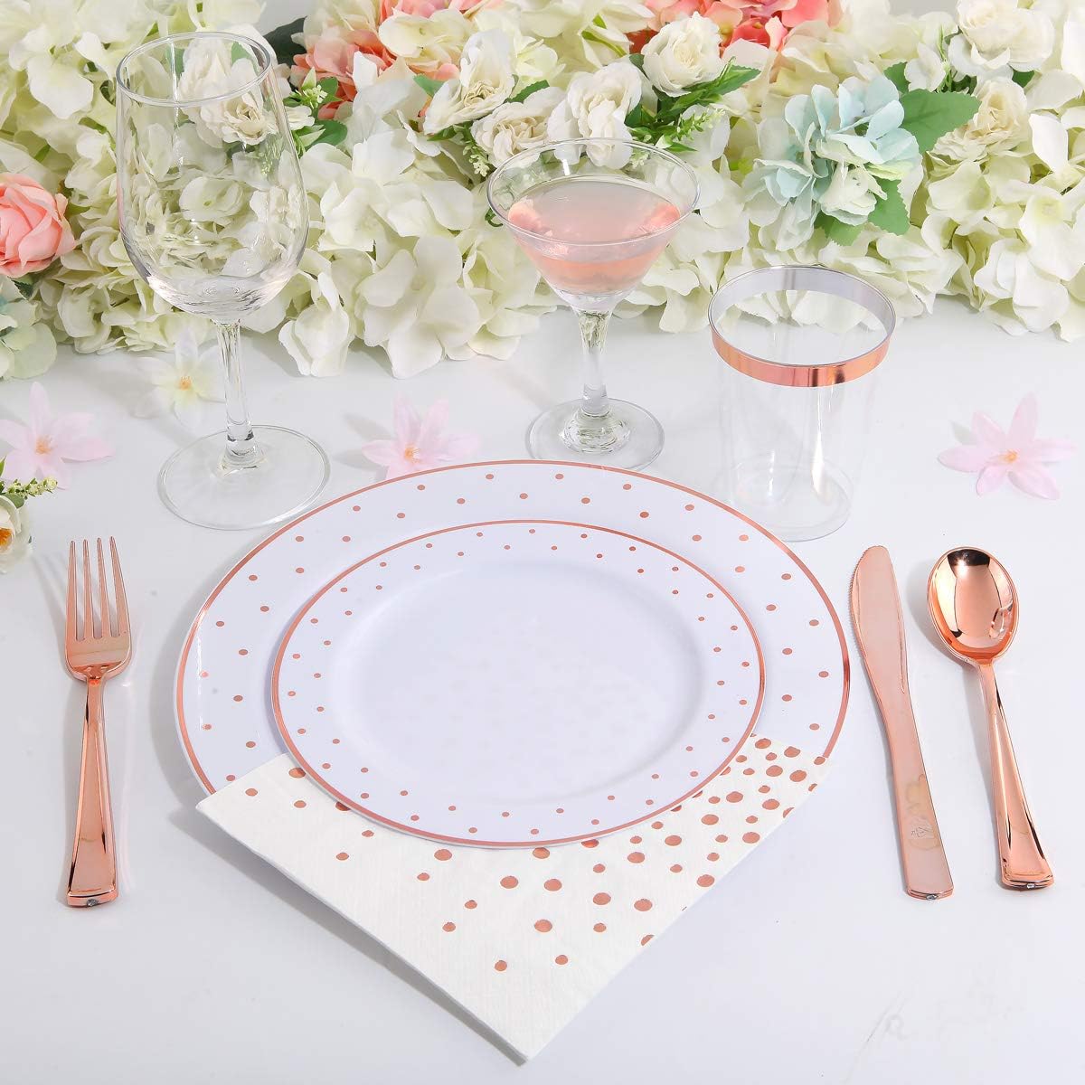 Gold/Silver/Rose Disposable Plates and Silverware Set: Dinner Plates,Dessert Plates, Cups,Napkins,Knife, forks, spoons-Perfect for Party Gold/Silver/Rose Disposable Plates and Silverware Set: Dinner Plates,Dessert Plates, Cups,Napkins,Knife, forks, spoons-Perfect for Party