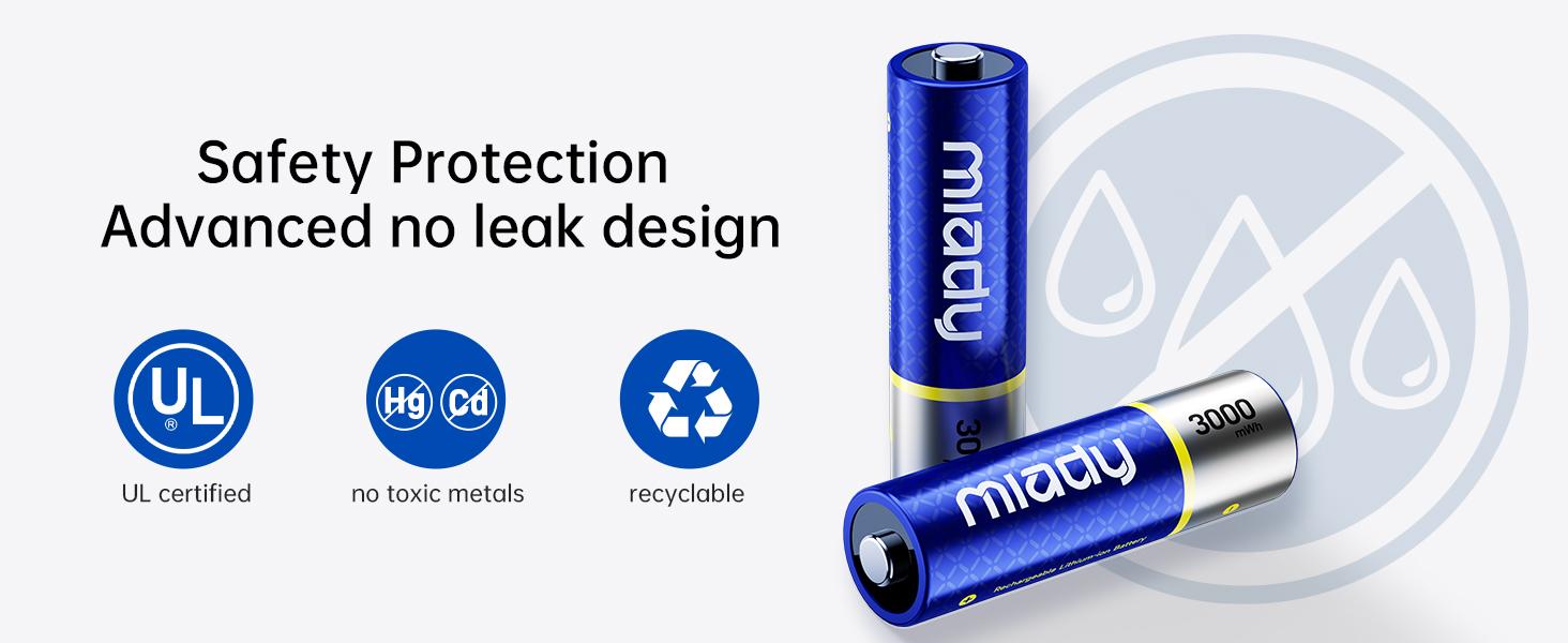 Miady Rechargeable Lithium AA Batteries 8 Pack with Fast Charger, 1.5V 3000mWh High Capacity Lithium AA Batteries, Double A Batteries with 2000+ Cycles for High-Drain Devices Cable Charging