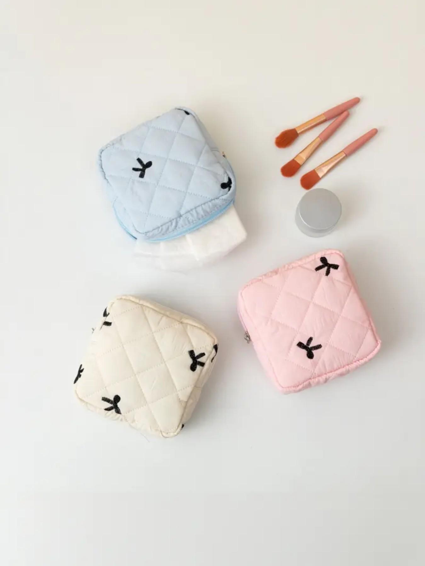 Bow Embroidery Quilted Makeup Bag, Small Portable Cosmetic Pouch for Women, ONLY 1 PC