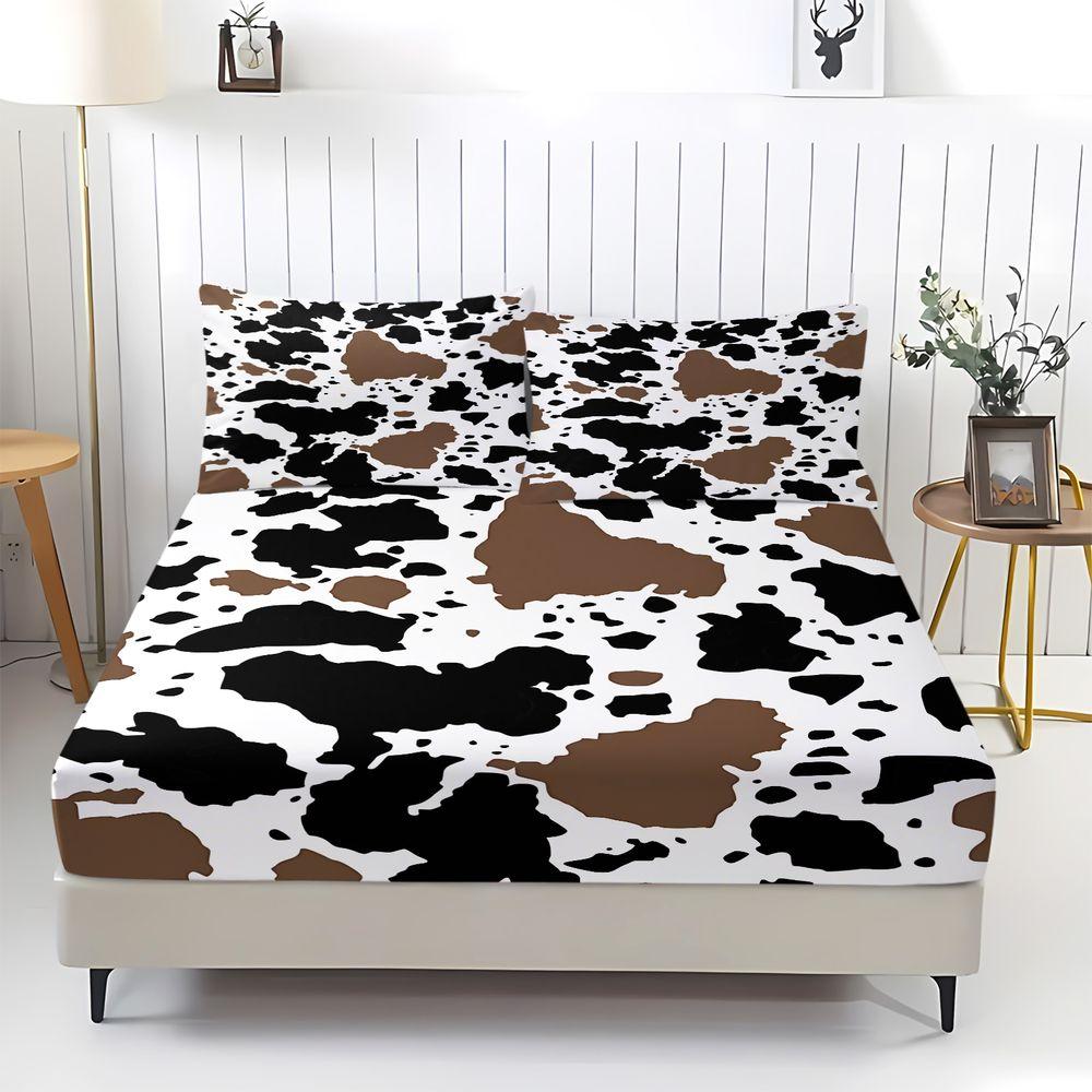 3Pcs Cowhide Pattern Fitted Sheet Set, Irregular Black, Brown & White Patches on Soft Fabric, Stylish & Unique Bedding for Rustic Decor, for Animal Lovers, Transform Your Bedroom into a Cozy Retreat Includes 2 Pillowcases, No Pillow Core