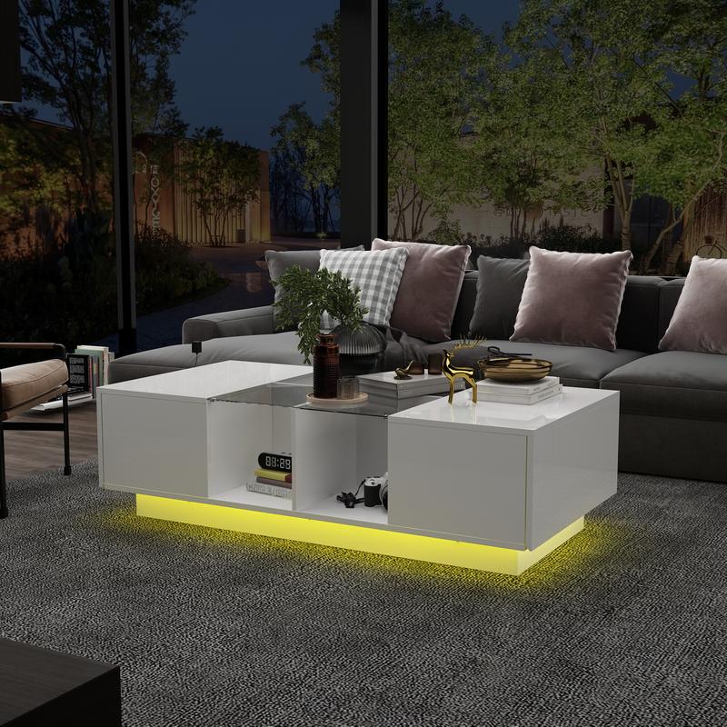 FUFU&GAGA  Modern LED Coffee Table with Drawers & Open Compartments, Rectangle Coffee Center Table with Glass Top for Living Room, Bedroom (47.4" W x 23.6" D x 13.9" H)