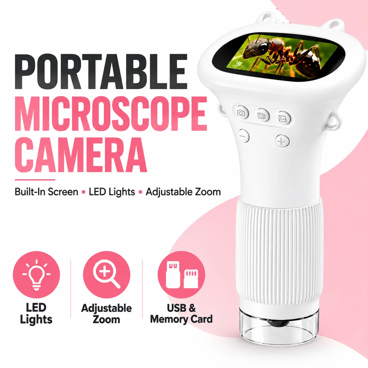Compact Handheld Digital Microscope Camera with Built-In Color Screen, Adjustable Magnification, LED Lighting, Photo Storage and PC Connectivity for Students, Science Projects and Educational Gifts