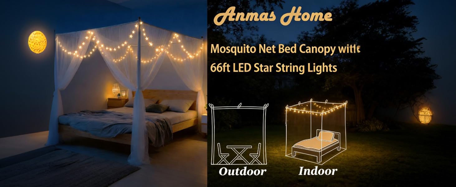 Classic Black Grid Pattern Bed Mosquito Net Curtains with 66ft LED Star String Lights for Starry Night Bedroom Use, 86.6"W x 79"L x 102"H 4-Opening Insect Shield, Fits King/Queen/Full Beds, King Size Fit