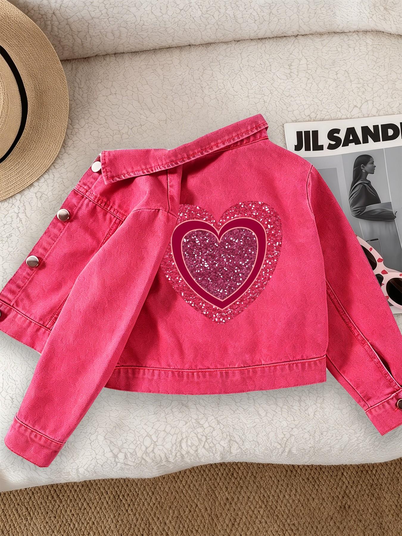 Girls' Casual Fashion Denim Jacket, Shiny Heart Pattern, Comfortable Fit, Suitable for School and Dates, Ages 12 and Under