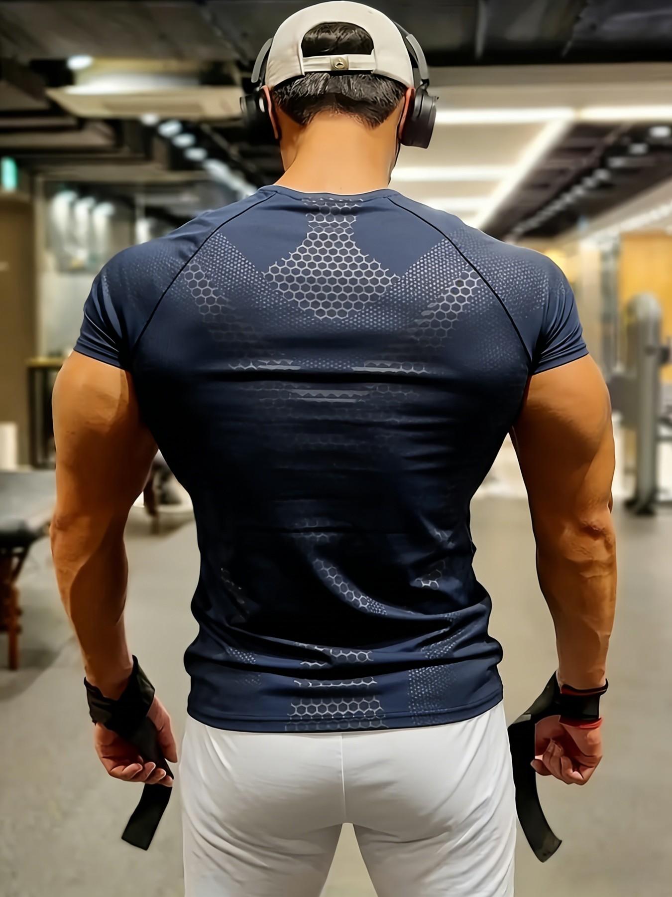 Men's Honeycomb Patchwork Quick-Dry Tight-Fit Shirt, Moisture-Wicking, Breathable, Gym Training Muscle-Defining T-Shirt, All Seasons