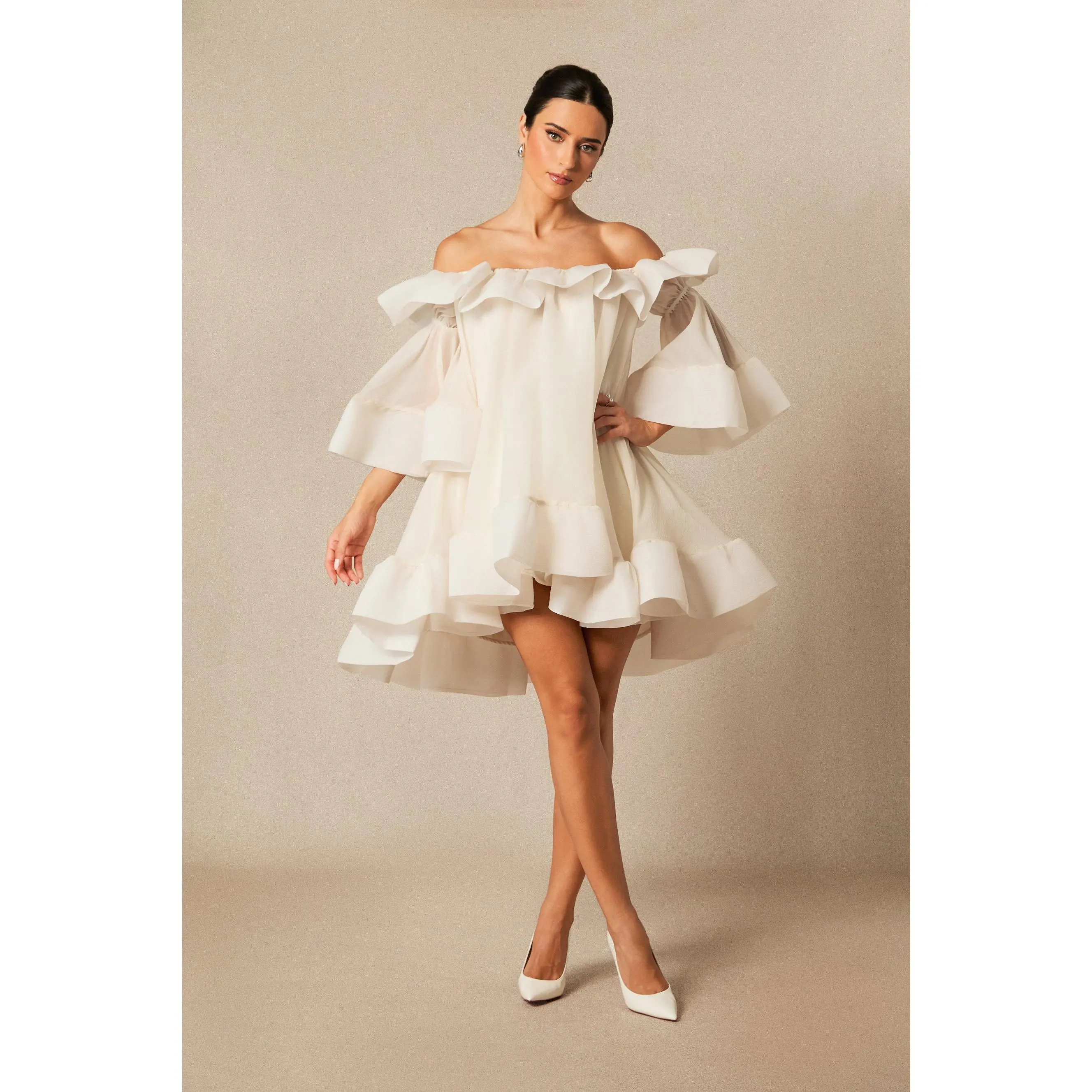Sunfere Off Shoulder Ruffle Mini Dress - Three-quarter Puff Sleeve Elegant Refined, Civil Wedding Bridal After Party Bachelorette