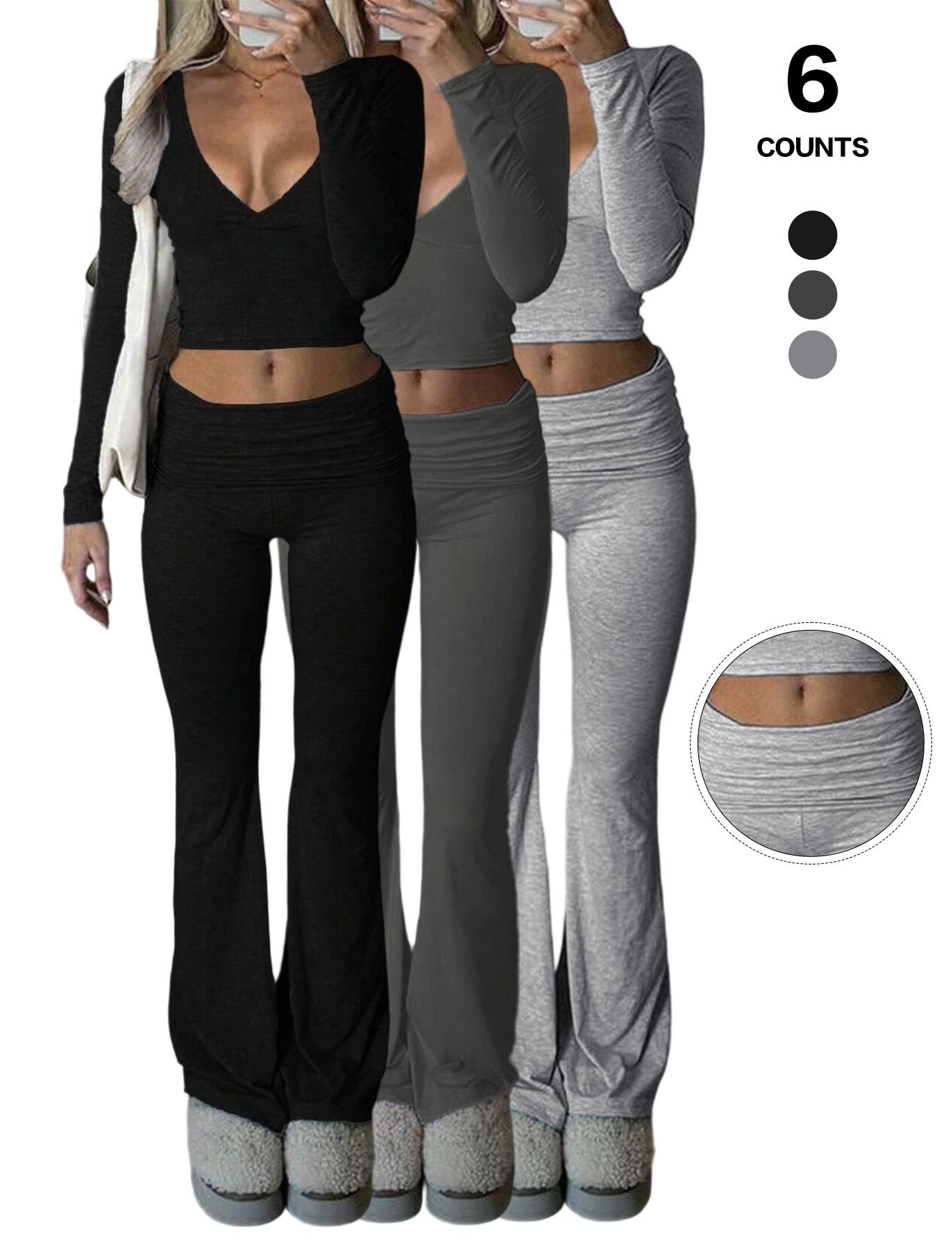 Women's 2 Piece Matching Set Long Sleeve Deep V Neck Crop Top and Foldover Flare Leggings Yoga Outfit,Women's 2 Piece Matching Set Long Sleeve Deep V Neck Crop Top and Foldover Flare Leggings Yoga Outfit Yoga Bottoms,Airport Outfit, Flare Leg Sports