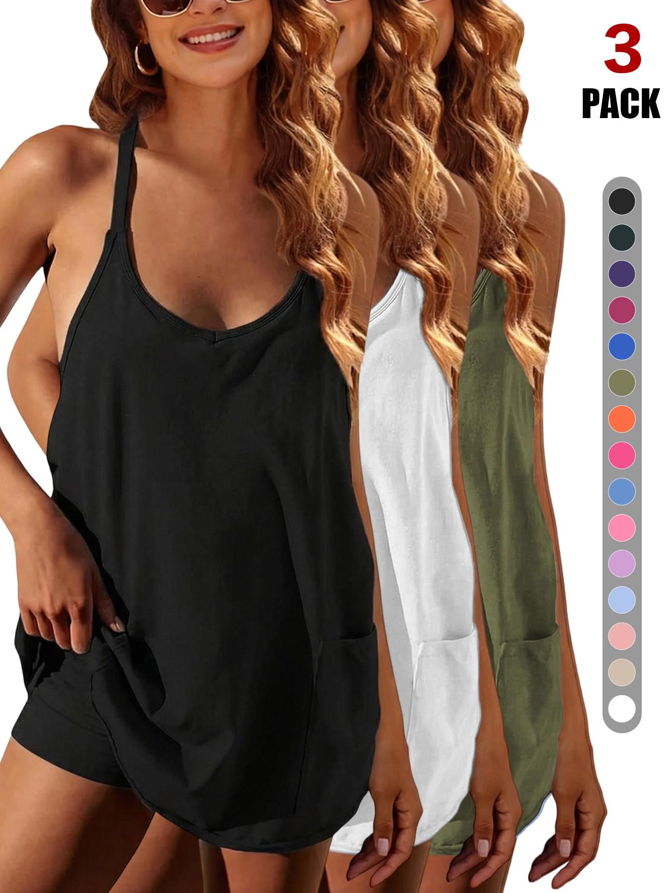 Womens Workout Romper Dress with Shorts Underneath Sleeveless Spaghetti Straps Athletic Outfits Casual Vacation