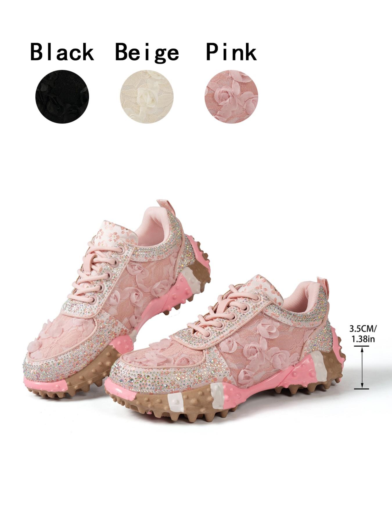 1 Pair, Lace Casual Sneakers with 3D Rose & Rhinestone Trim, Anti-slip Height Increasing Women Shoes in Sweet Fairy Style, Affordable Fashion Item, Versatile Footwear for Daily Outings
