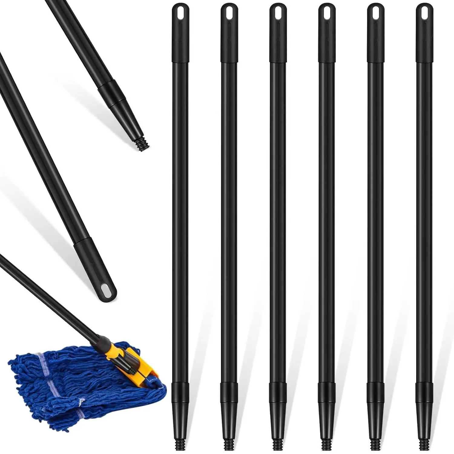 6 Pcs Fiberglass Broom Handle Replacement Handle Broom Stick Pole with Threaded Tip for Commercial Cleaning, 1" Dia x 48" Long, Black