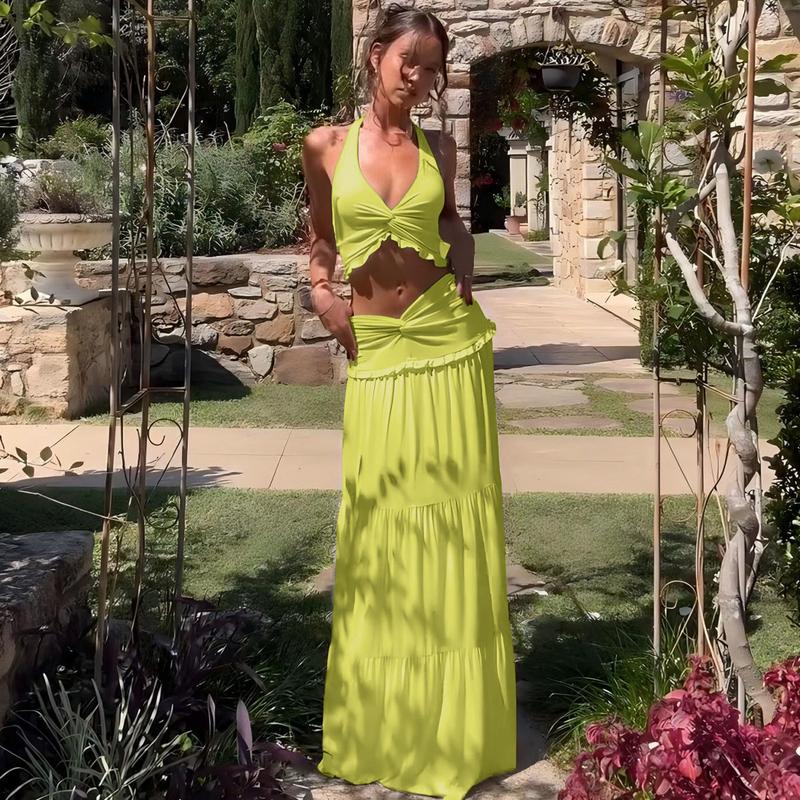 Solid Color Backless Crop Top & Ruched Skirt Two Pieces Set Women's Sleeveless Halter Neck Top & Skirt Ladies Summer Fall Clothes for Party Holiday Vacation Beach Boho Valentine's DayGift Outfit