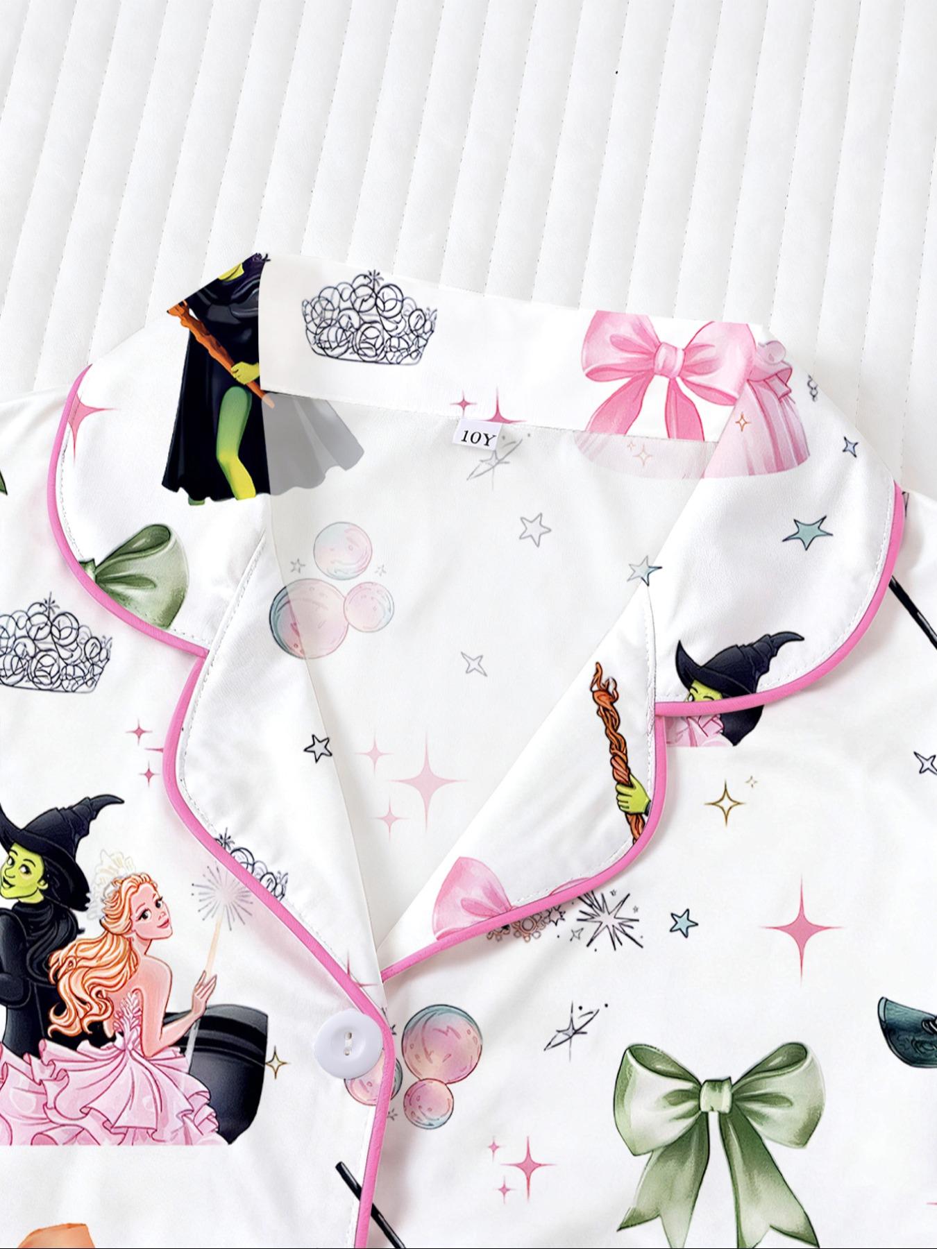 Cartoon Short Sleeve Shorts Pajama Set, New Fire Retardant Button Front Shirt & Loose Elastic Waist Ruffle Pants