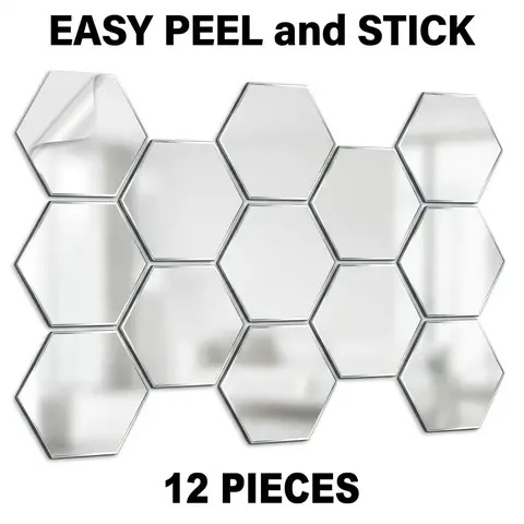12Pcs 5.9 Inch Hexagonal Mirror Wall Stickers, Detachable Removable DIY Decorative Decals, Easy Peel and Stick Design, Unique Wall Decor for Living Room, Decoration Items