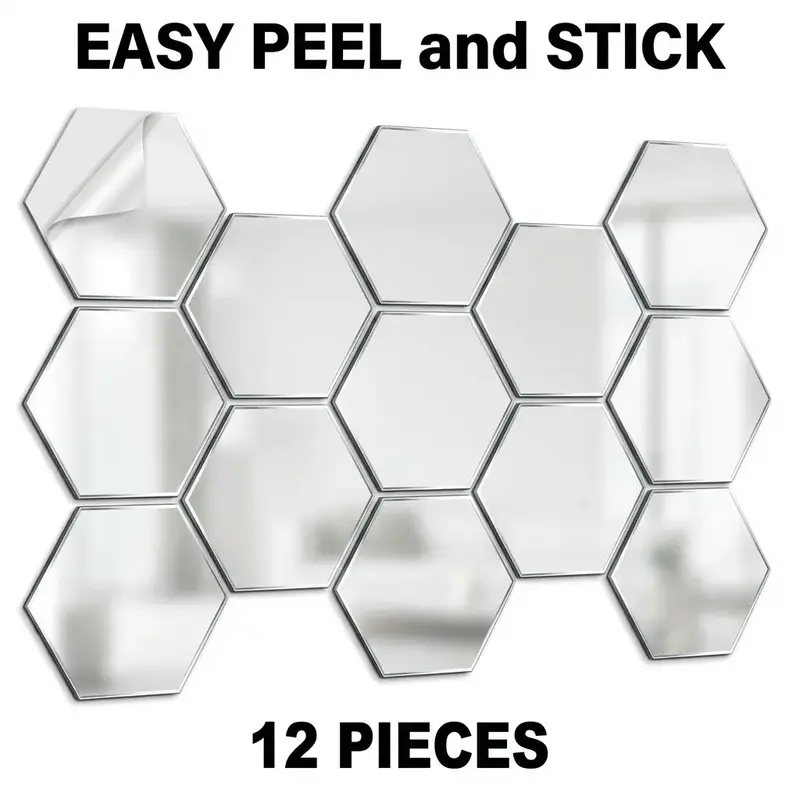 12Pcs 5.9 Inch Hexagonal Mirror Wall Stickers, Detachable Removable DIY Decorative Decals, Easy Peel and Stick Design, Unique Wall Decor for Living Room, Decoration Items