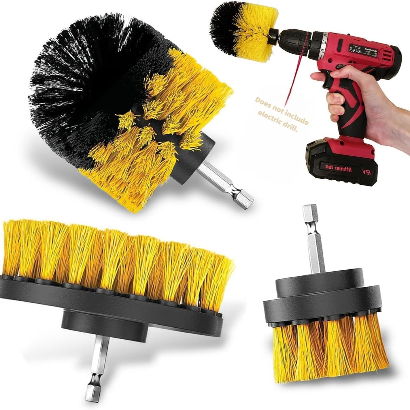 3 Piece Power Scrubber Brush Kit for Wheels, Tires, Carpet, Interior,Shoe cleaning, Upholstery - Medium Stiff Nylon Brushes for Cordless Drill Cleaning