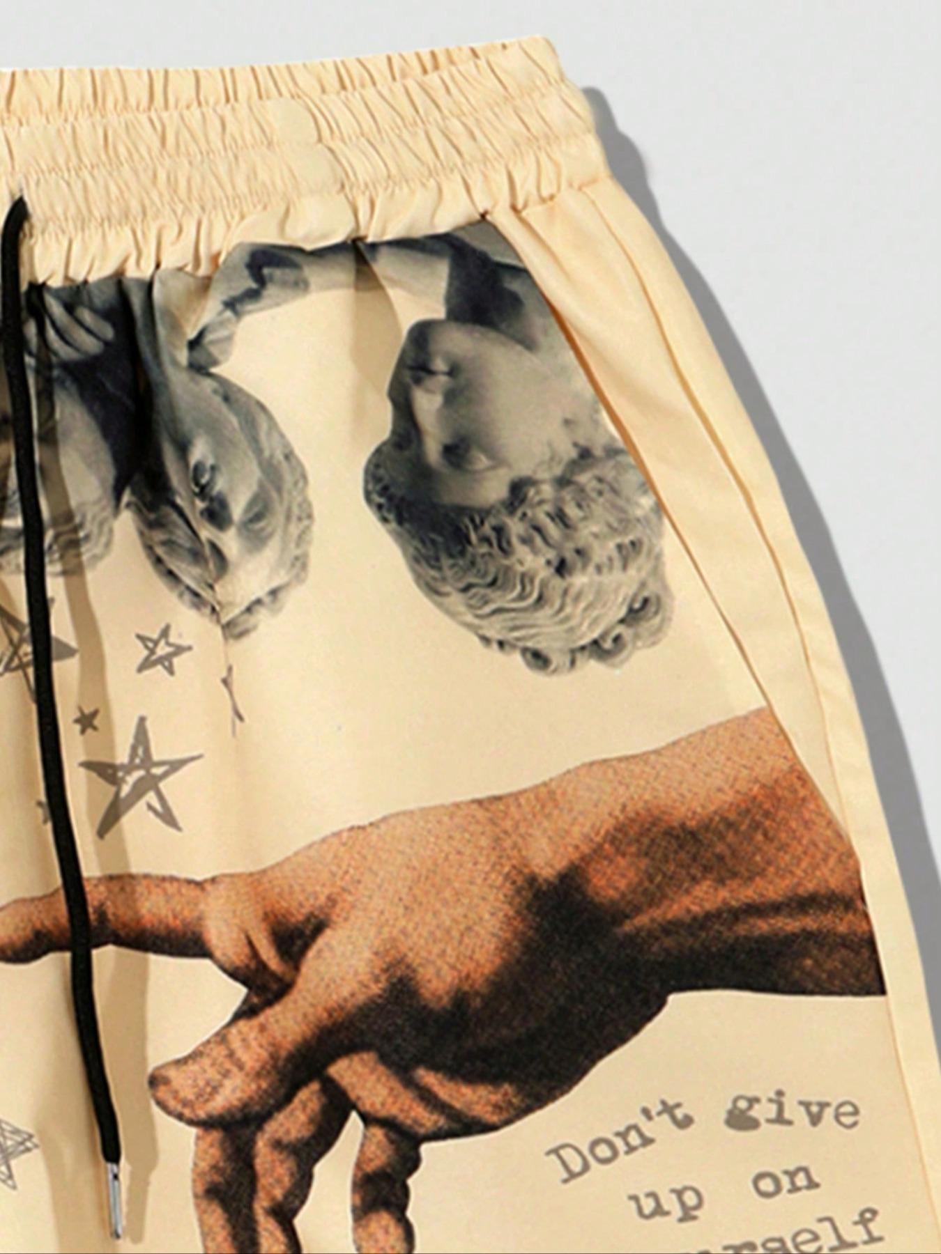 Men's Figure & Hand & Star Print Drawstring Waist Shorts, Regular Fit Casual Street Pocket Shorts for Fall & Winter, Men's Bottoms for Daily Wear, Menswear, Lightweight Beach Shorts, Casual Streetwear Shorts