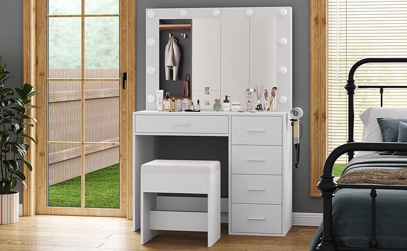 FUSOU 37"W 5 Drawers Vanity Desk with Power Outlet, Makeup Table with Lighted Mirror, 3 Color Lighting Modes,Vanity Table Dressing Table Set tabitha modern power outlet