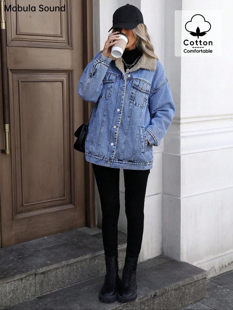 Women's New Fleece Lined Denim Jacket, Trendy Fashion Washed Jean Coat, Casual Comfortable Fit, Zipper Fly, Fall & Winter Wear, Zip Front Jacket