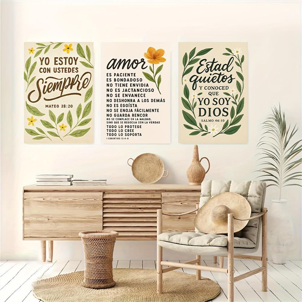 3pcs Religious Canvas Wall Art, Spanish Bible Text, Floral Elements, Wooden Frame, Home Office Church Decor, Jesus Theme Gift