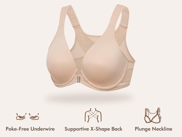 DELIMIRA Women's Front Closure Bras Posture Full Coverage Plus Size Underwire Unlined Back Support Plunge Seamless Bra B-H