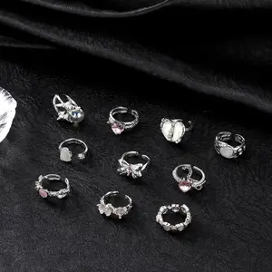 15Pcs Vintage Silvery Knuckle Rings Set for Women Men Pink Crystal Heart Stackable Ring Gothic Black Cross Open Ring Y2K Punk Finger Alt of Rings Stacking Fairy Opal Heart Midi Ring Pack Jewelry Accessories
