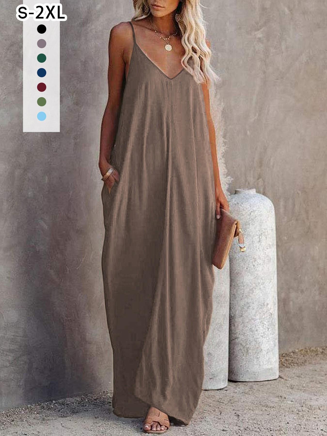 Women's Summer Casual Sleepwear Loungewear Slips Dress, Sleeveless V-Neck Long Dress with Side Pockets, Wearable Outdoors, 1 Piece Set