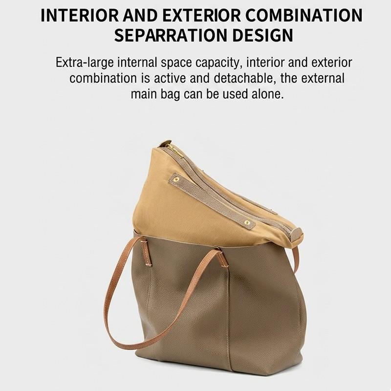 1pc Cowhide Leather Handmade Tote Bag, Spacious Commuter Handbag for Office Ladies, Stylish Daily Single Shoulder Bag with Inner Pouch.