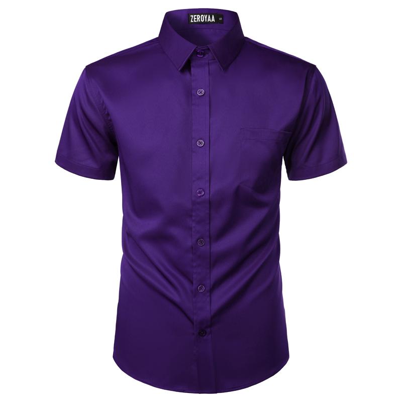 ZEROYAA Men's Urban Casual Stylish Slim Fit Short Sleeve Button Up Dress Shirt with Pocket Top Fabric summer outfits men Menswear Beige summer outfits men button shirt Plain Purple