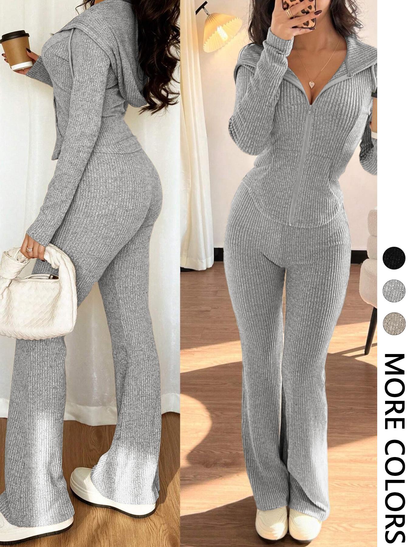 Classic Suit Set, Casual Hooded Fitted Long Sleeve Jacket & Flared Knit Pants Set, Two-Piece with Pockets, Comfortable Fashion for Daily Wear Womenswear, Curve Hugging, Stylish, Waist Cinching, Comfy, Minimalist Chic