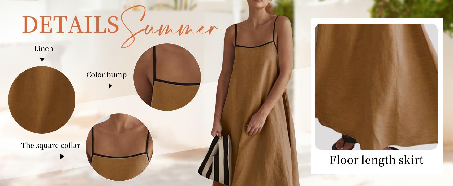 CHARTOU Women's maxi dress Summer Solid Color Loose Long Skirt with Thin Shoulders and Flax Sleeveless Skirt