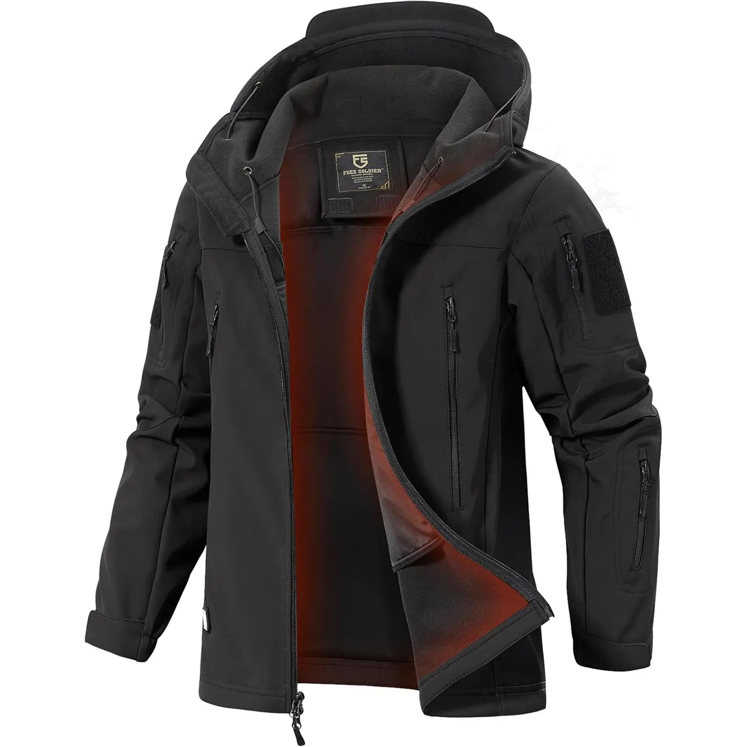 FREE SOLDIER Men's Long Sleeve Plain Hooded Waterproof Softshell Jacket - Lightweight Polyester Blend Outdoor Coats with Zipper, Black Gray Menswear Tops