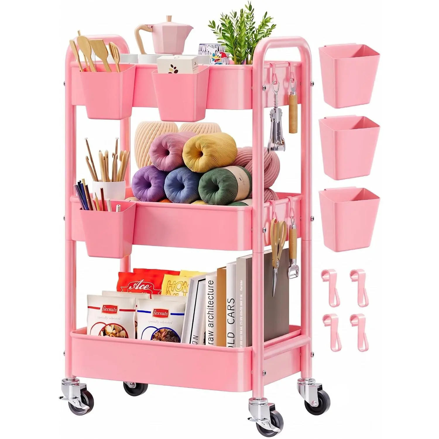 3 Tier Rolling Cart with Lockable Wheels, Pink Tiered Diaper Cart Organizer on Wheels, Trolley Carts for Craft, Art, Nail, Lash, Baby Supplies,, Mesh