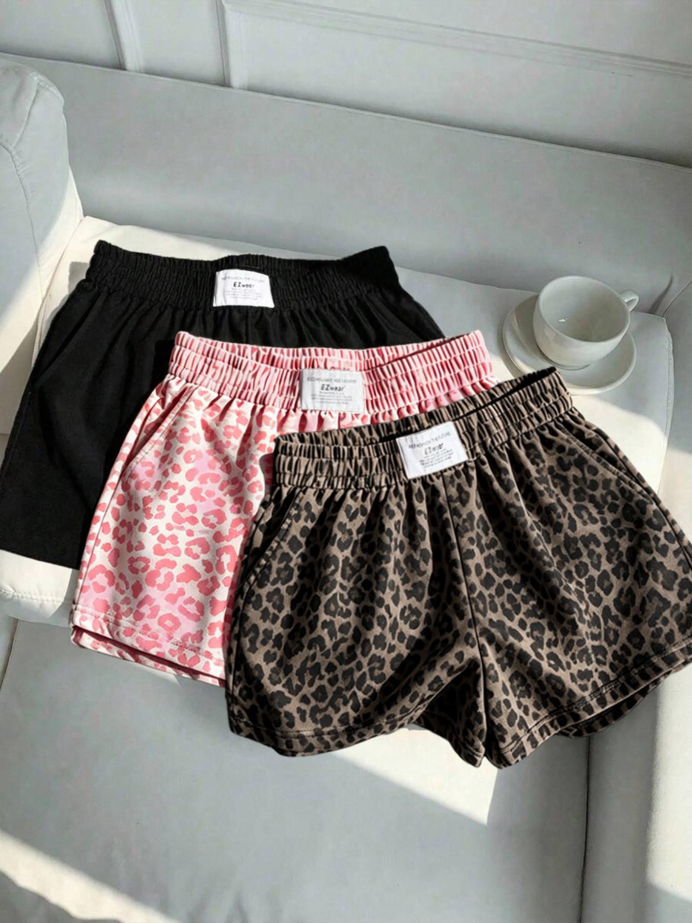 3-Pack Vintage Leopard Print Elastic Waist Casual Shorts for Women, Letter Waist Label Design, Y2K Style Sporty Outerwear Slimming Shorts