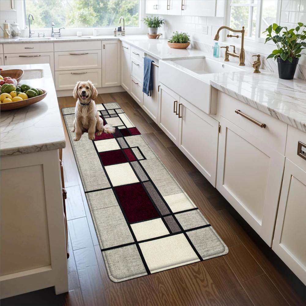 1PC， Black Red Gray Geometric Splicing Patterned strip rugs, home décor, bathroom mats, entryway mats, bathroom non-slip mats, indoor entrance rugs, bedroom bedside mats, kitchen mats, hallway rugs, flannel sponge rugs, hallway runner rugs