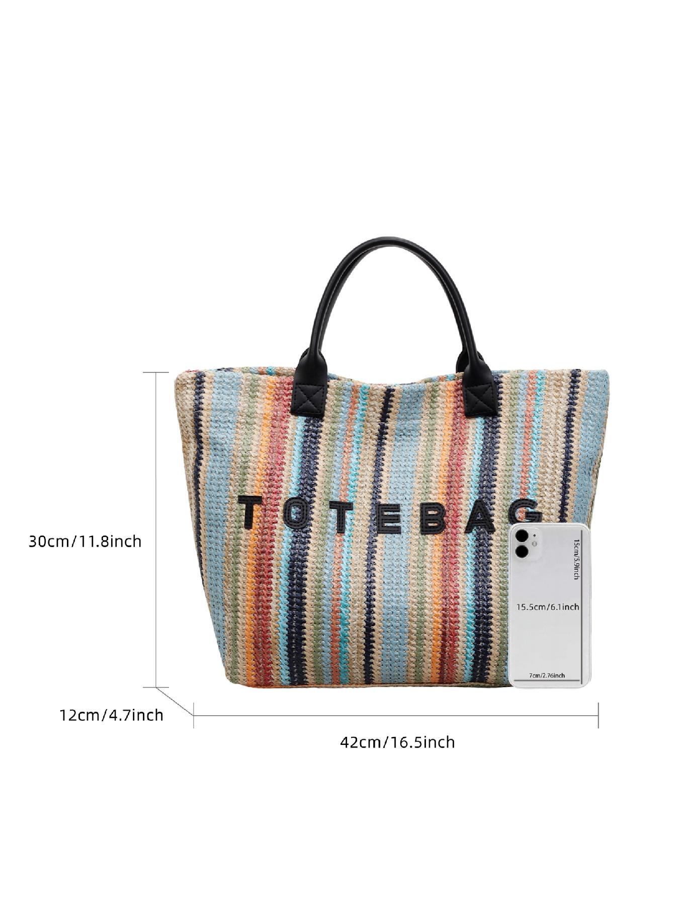 Simple Versatile Letter Decor Handwoven Straw Casual Tote Bag, Carry-Handle Design, Ideal for Daily Use, Beach Vacations, Outdoor Activities