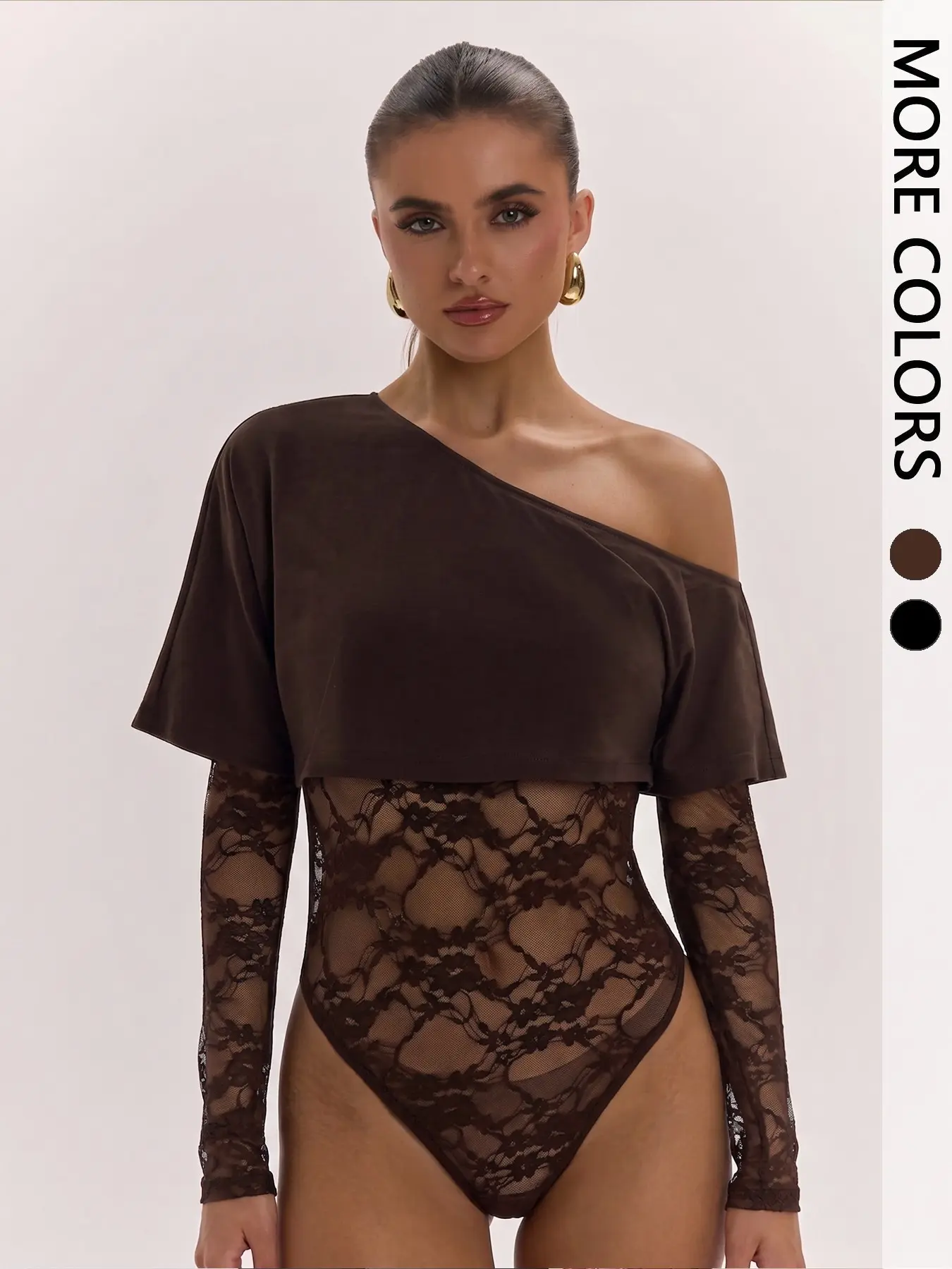 Women's Off Shoulder Crop Top + Sheer Lace Long Sleeve Bodysuit, Chic Layering Outfit for Party Daily Wear