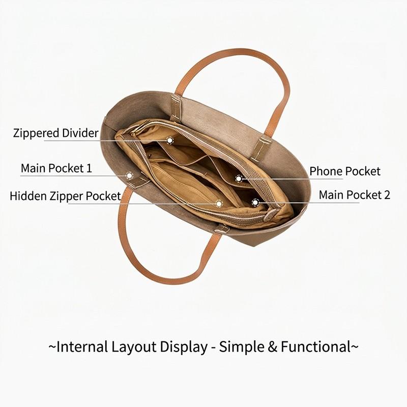 1pc Cowhide Leather Handmade Tote Bag, Spacious Commuter Handbag for Office Ladies, Stylish Daily Single Shoulder Bag with Inner Pouch.