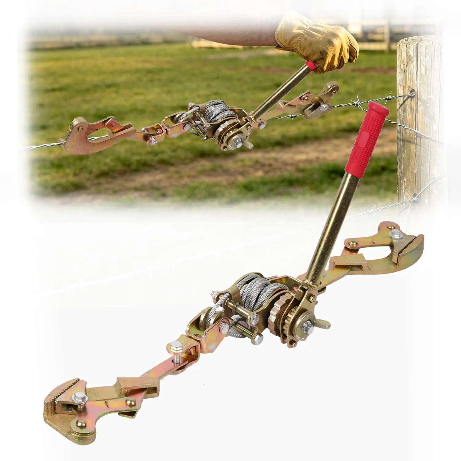 Fence Wire Tensioner, Retractable Ratchet-Style Wire Tensioner and Tensioning Tool, Compatible with All Wire Types, 4,400 lbs Tensile Strength,-Duty Construction
