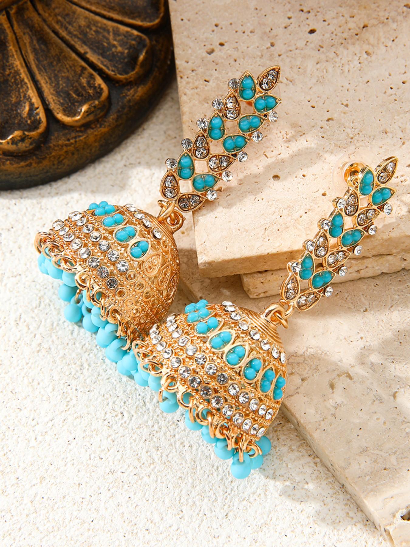 Indian Ethnic Birdcage Bell Jhumka Earrings, Heavy Rhinestone Beaded Long Fringe, Vintage Hollow Out Courtly Ear Jewelry, Bohemian Gift, Vintage Statement Earrings