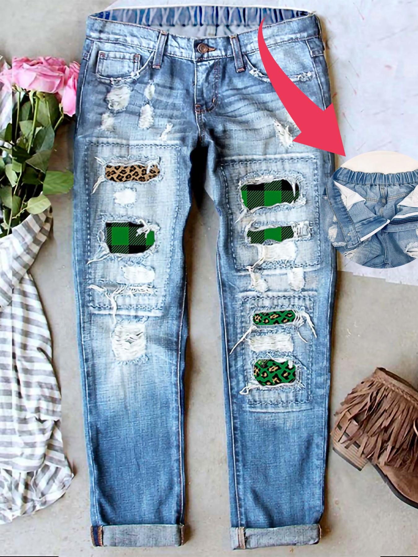 Women's Patch Ripped Distressed Mid-Waist Boyfriend Fit Washed Cute Floral Print Loose Denim Jeans Elastic Waistband Breathable Comfy for All Seasons